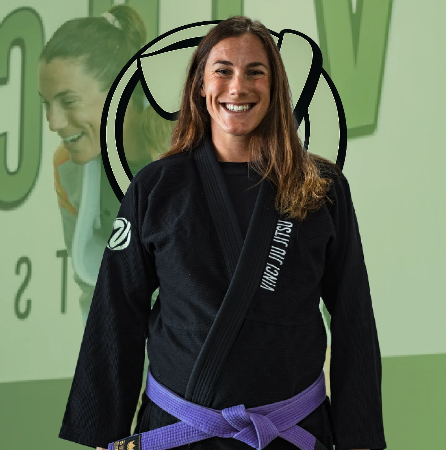 Laurel Reale smiling in a black gi with a purple belt